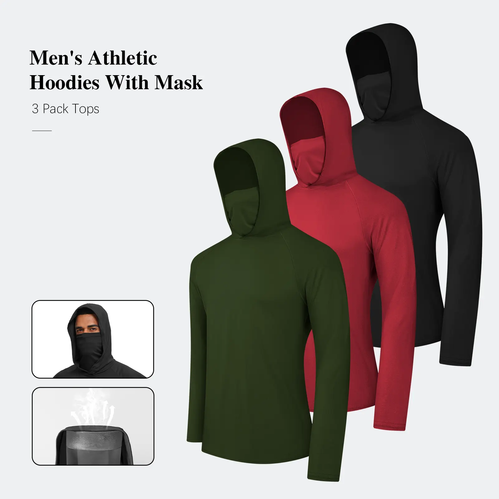 3 Pack Mens Sun Protection Fishing Hoodie with Face Mask UPF 50+ Long Sleeve Compression Work Shirt Construction Quick Dry,travel essentials,camping essentials