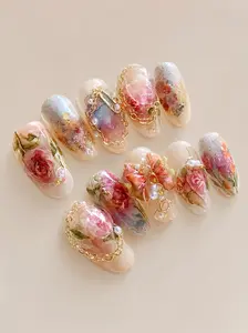 Bridgerton Rose Press On Nails | Handmade Korean Floral Nails | 3D Gold Chain Pearl Nail Art | Vintage Romantic Luxury Almond Press-On Nails with Gift Set (Adhesive Tabs, Nail File, Cuticle Stick)