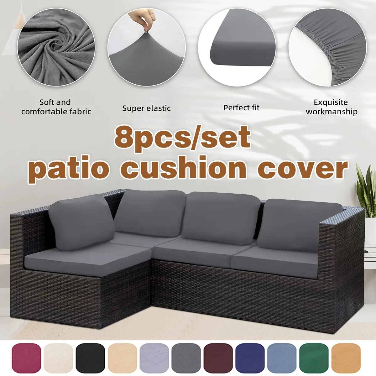 8pcs Stretch Patio Cushion Covers(back cushion coversx4 and seat cushion coversx4) Outdoor Couch Cushion Covers Replacement, Outdoor Sofa Cushion Covers Patio Slipcovers Couch Cover, Patio Furniture Cover, Exquisite Workmanship, Super Elastic, Perfect Fit