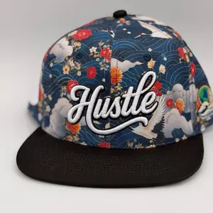 Embroidered Floral Hustle Crane and Waves Snapback Hat, Embroidered Floral Hats