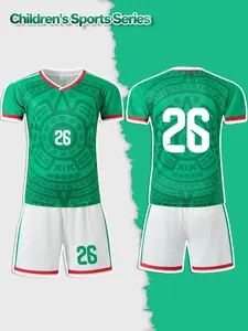 No.26 Mexico-Inspired Kids' Sports Set, Green-White-Red Maya Totem Pattern, Quick-Drying & Breathable, Ideal for Football Training & Daily Wear