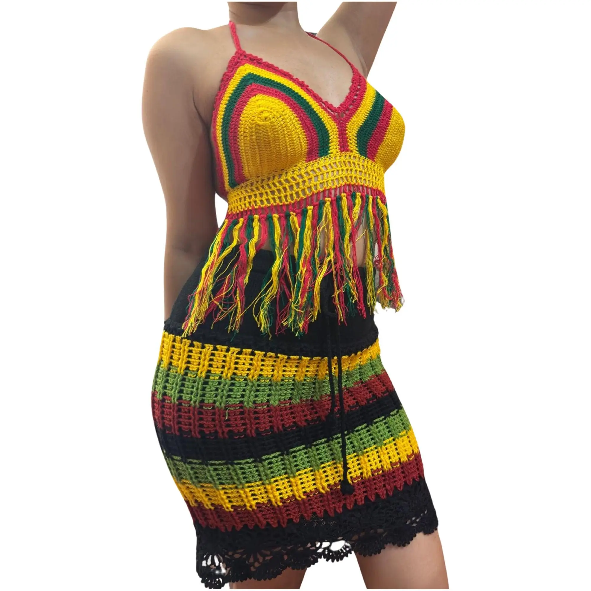 Rasta Crochet Fringe Set | Reggae Boho Top & Skirt | Handmade Festival Clothing