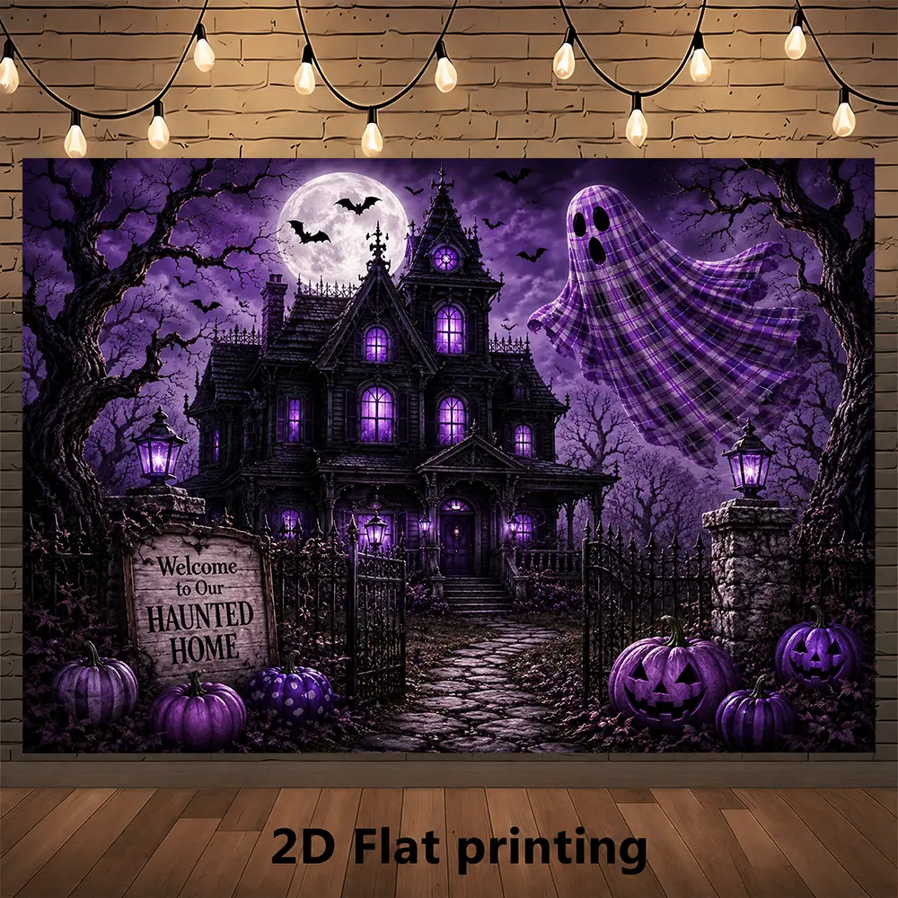 Halloween Backdrop for Photography, Purple Haunted Mansion Graveyard Spider Web Full Moon and Pumpkins, Gothic Fall Autumn Spooky Season Photo Booth Background for Party Decorations