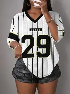 Y2K Retro Style Women's Jersey Top, Loose Fit V Neck Sporty Tee, Vertical Stripes, Streetwear Fashion for All Seasons