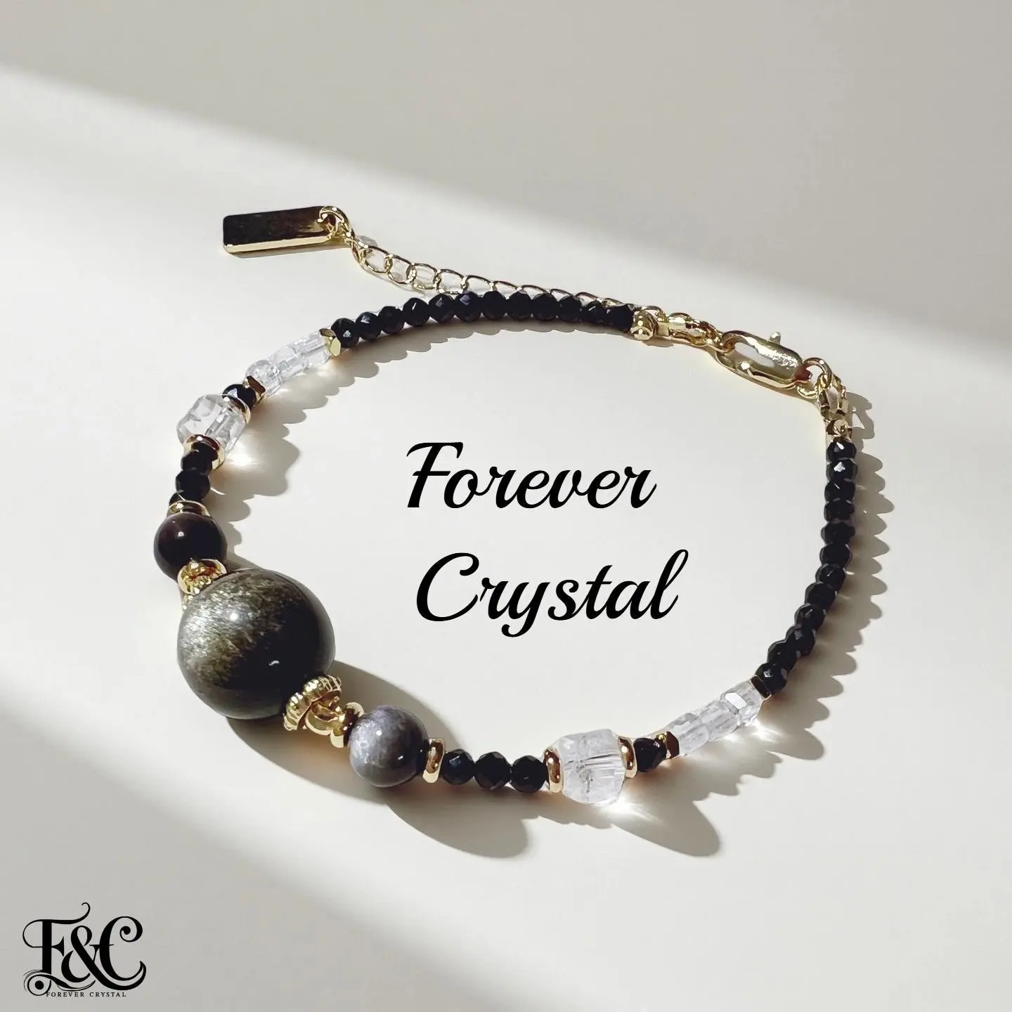 Black Spinel, Clear Quartz & Obsidian Bracelet – 3–12mm Beads – Gold Plated Adjustable – Energy Shield, Grounding Crystal Gift
