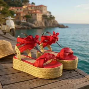 Roman Jute Sandal with Braids Red 5cm Open Toe Platform Wedge Women's Summer Casual Walking Shoes Natural Jute Material Classic Bold Color Statement Piece Party Footwear