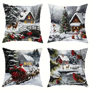 4pcs, Festive Christmas Throw Pillow Covers, Winter Snow Scene Snowman, Santa & Reindeer Designs, Cushion Cases for Sofa, Bedroom, Car & Office Decor, Single Sided Printing, No Pillow Core, Washable Cushion Covers