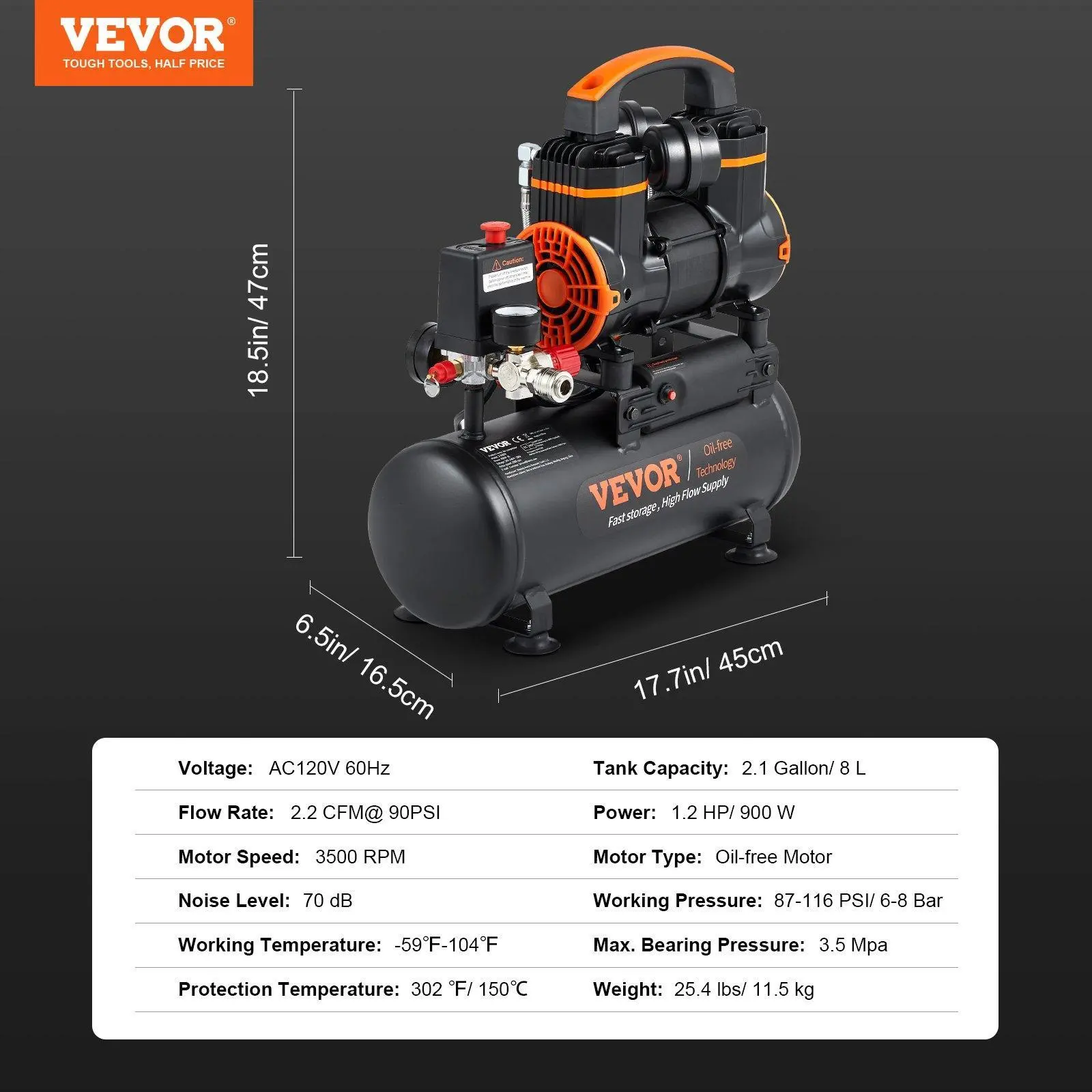 2.1 Gallon 900W 2.2 CFM@ 90PSI 70 dB