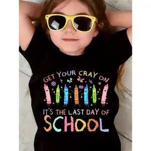 Girls' T-Shirt, Get Your Cray On, Last Day of School, Cartoon Crayons Holding Hands, Butterflies Flowers Stars Hearts Pattern Print, Comfortable And Soft, Round Neck, Casual And Fashionable, Suitable for Daily Activities/Kids Clothes Girls (3-13Y)