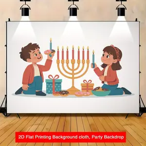 2D Flat, 1pc Hanukkah Backdrop - Cute Jewish Holiday Decoration with Candle Holders, Gifts & Stars - Non-Electric Party Banner for Hanukkah, Christmas, Thanksgiving, Birthdays, Weddings - Dura White