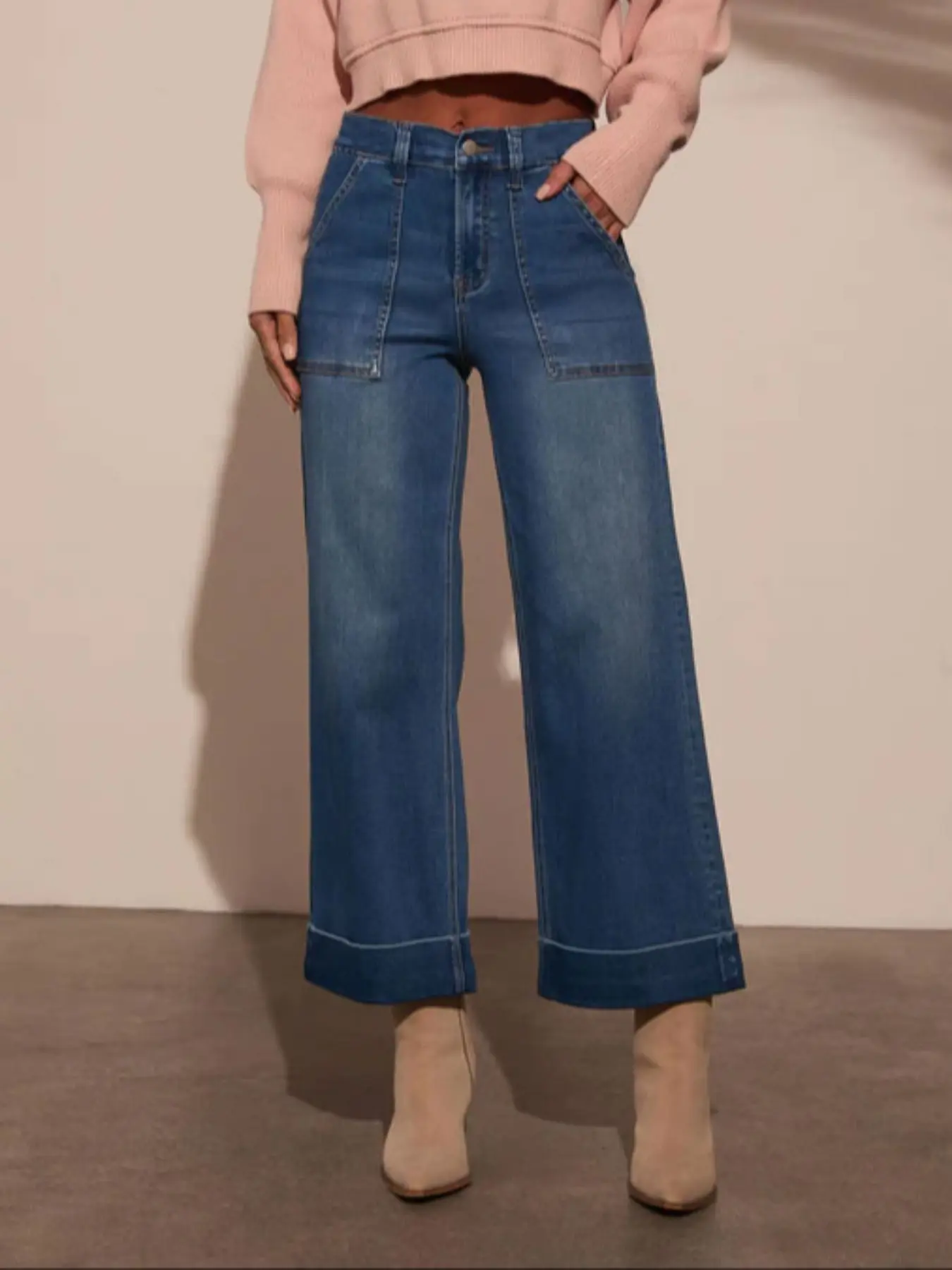 New Fashion Minimalist Basic High Waist Wide Leg Jeans for Women, Casual Streetwear Loose-Fitting Baggy Denim Woven Jeans, All Seasons Wear, Stylish Cuffed Rolled Hem Design, Pants, Womenswear