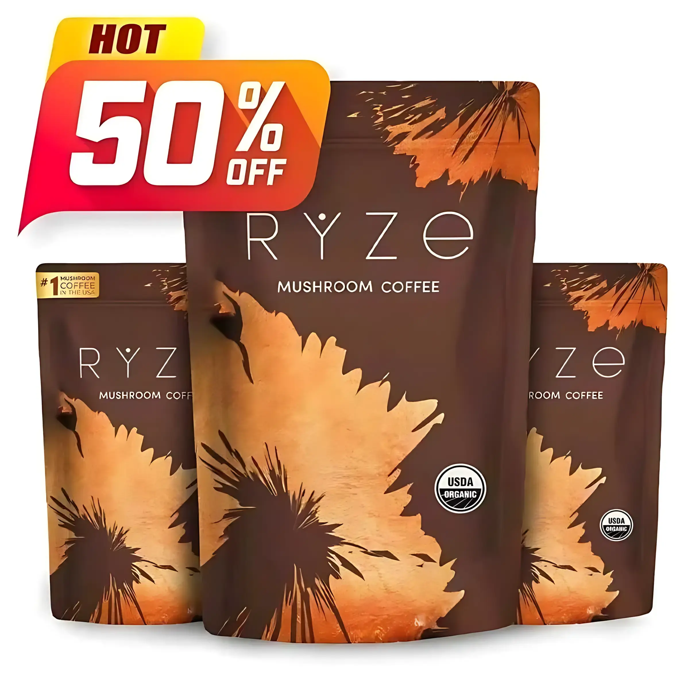 RYZE Mushroom Coffee USDA Organic with 6 Adaptogenic Mushrooms and MCT Oil, USA Grown Instant Coffee for Better Energy, Focus, Digestion, Immunity with Turkey Tail, Shiitake, Lion's Mane, 30 Servings