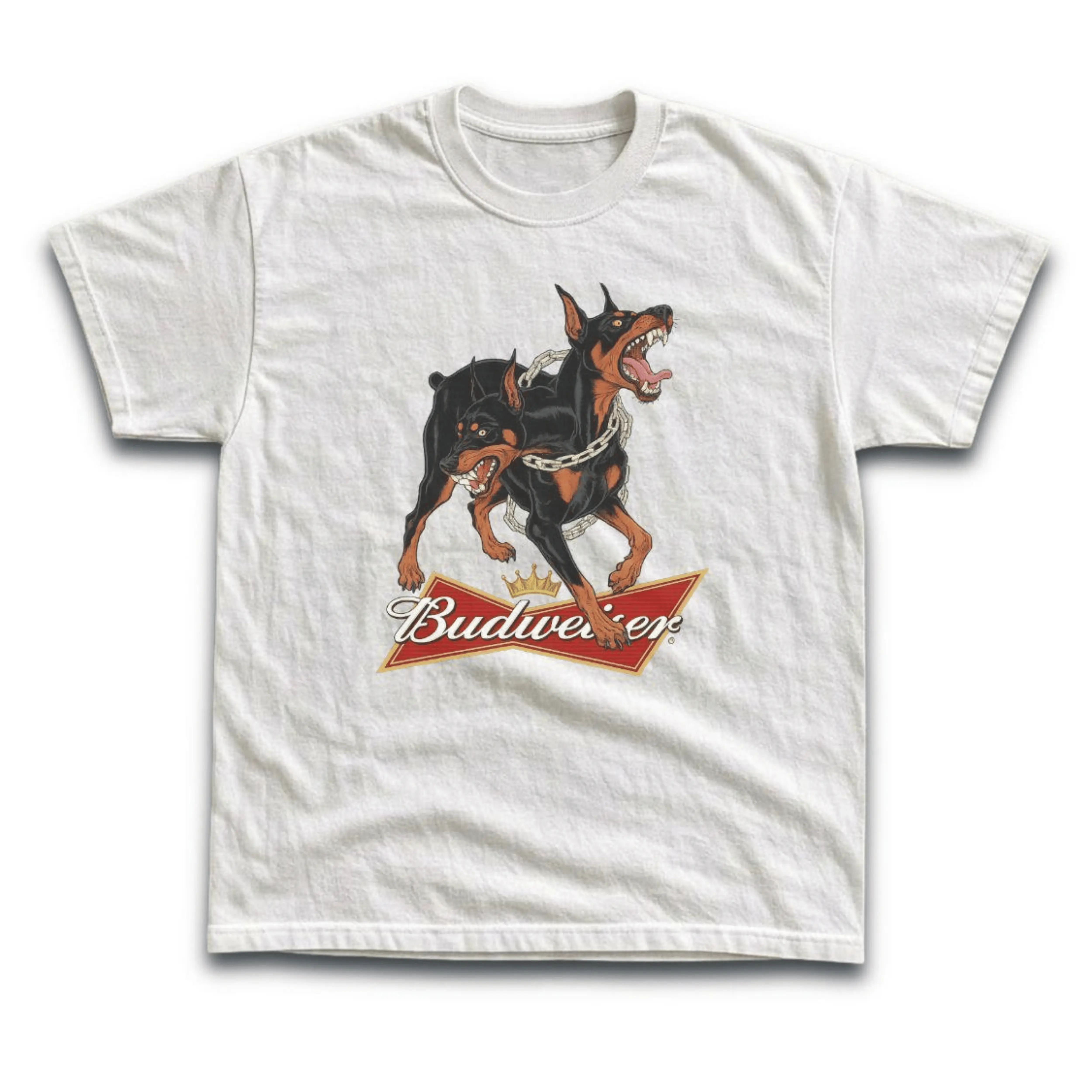 Gildan Men's and Women's T-Shirt, Vintage Two Headed Doberman Chains Red Bowtie Graphic Tee, Animal Tee, Cool Aggressive Guard Dog Shirt, Retro White Summer Top, Harajuku Biker Rock Streetwear, Unique Pet Dog Lover Friend Gift