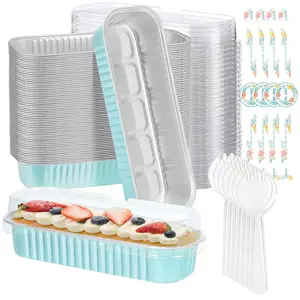 50 Pack Mini Cake Pans with Lids and Spoons,6.8oz Mini Cake Tins Loaf Pans with Lids Rectangular Aluminum Foil Baking Pan with Sealing Sticker Cheesecake Containers