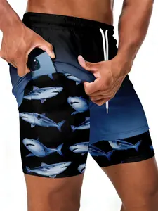 New 2026 Men's Shark Print Quick-Dry Beach Shorts, Dual-Layer Swim Trunks, Surfing Pants with Phone Pocket, Casual Fitted Style, Swimming Trunks, Summer Swim Trunks