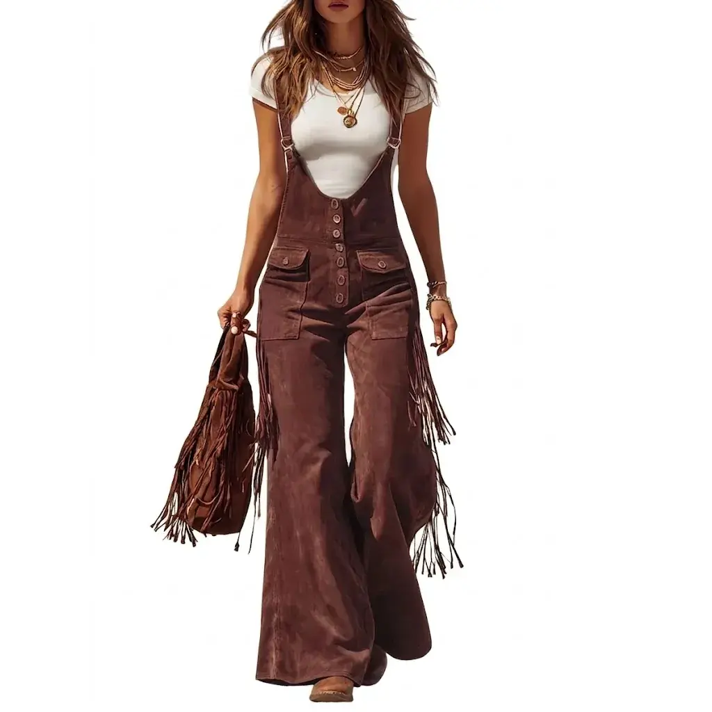 Women's High-Waisted Western Fringe Suede Flared Overalls with Straps, Lady's Boho Festival Clothes Featuring Side Fringes, Fixed Strap Design, Flared Silhouette