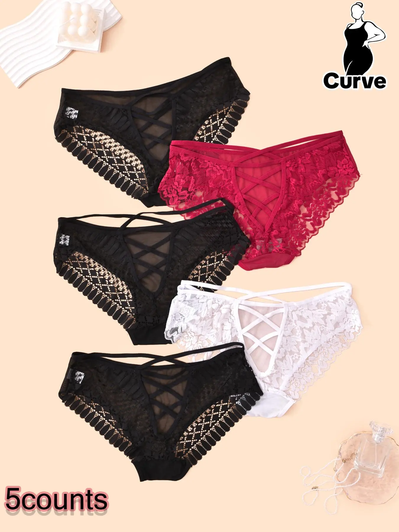 Plus Size Floral Lace Criss Cross Panty, Soft Comfy Breathable Curvy Sheer Knicker for Daily Wear, Women's Underwear for All Seasons, Breathable Elastic Underwear, Elastic Undergarments, Soft Stretch Panties