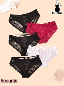 【Plus Size】Floral Lace Criss Cross Panty, Soft Comfy Breathable Curvy Sheer Knicker for Daily Wear, Women's Underwear for All Seasons, Breathable Elastic Underwear, Womenswear, Lace Trim Knickers, Breathable Fit Panties, Fashion Comfy Underwear