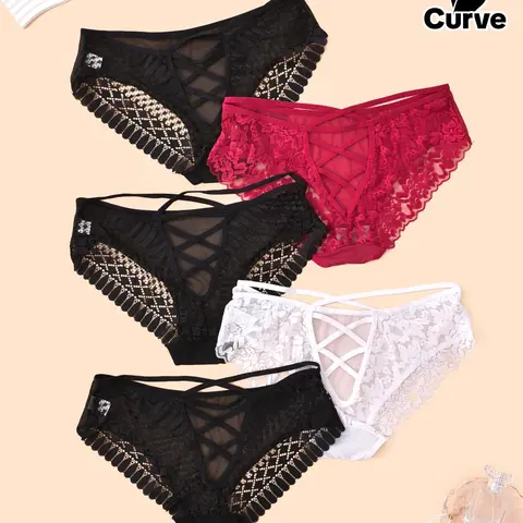 Plus Size Floral Lace Criss Cross Panty, Soft Comfy Breathable Curvy Sheer Knicker for Daily Wear, Women's Underwear for All Seasons, Breathable Elastic Underwear, Elastic Undergarments, Soft Stretch Panties, Breathable Knickers