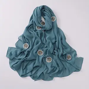 [Non-Stretch Polyester Hijab Scarf Glamorous] Glamorous Rhinesne Embellished Chiffon Hijab Scarf, Solid Color, Non-Stretch Polyester - Perfect for Ramadan