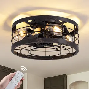16” Caged Farmhouse Flush Mount Ceiling Fan with Light and Remote Control Bladeless Low Profile Ceiling Fans with Lights Enclosed Vintage Fan 6 Speed Reversible for Kitchen, Bedroom