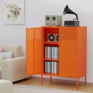 Orange 3 Tier Metal Storage Cabinet with Legs, 2 Door Metal Locker Style Accent Storage Cabinet with 2 Adjustable Shelves for Home, Office, Entryway and Hallway