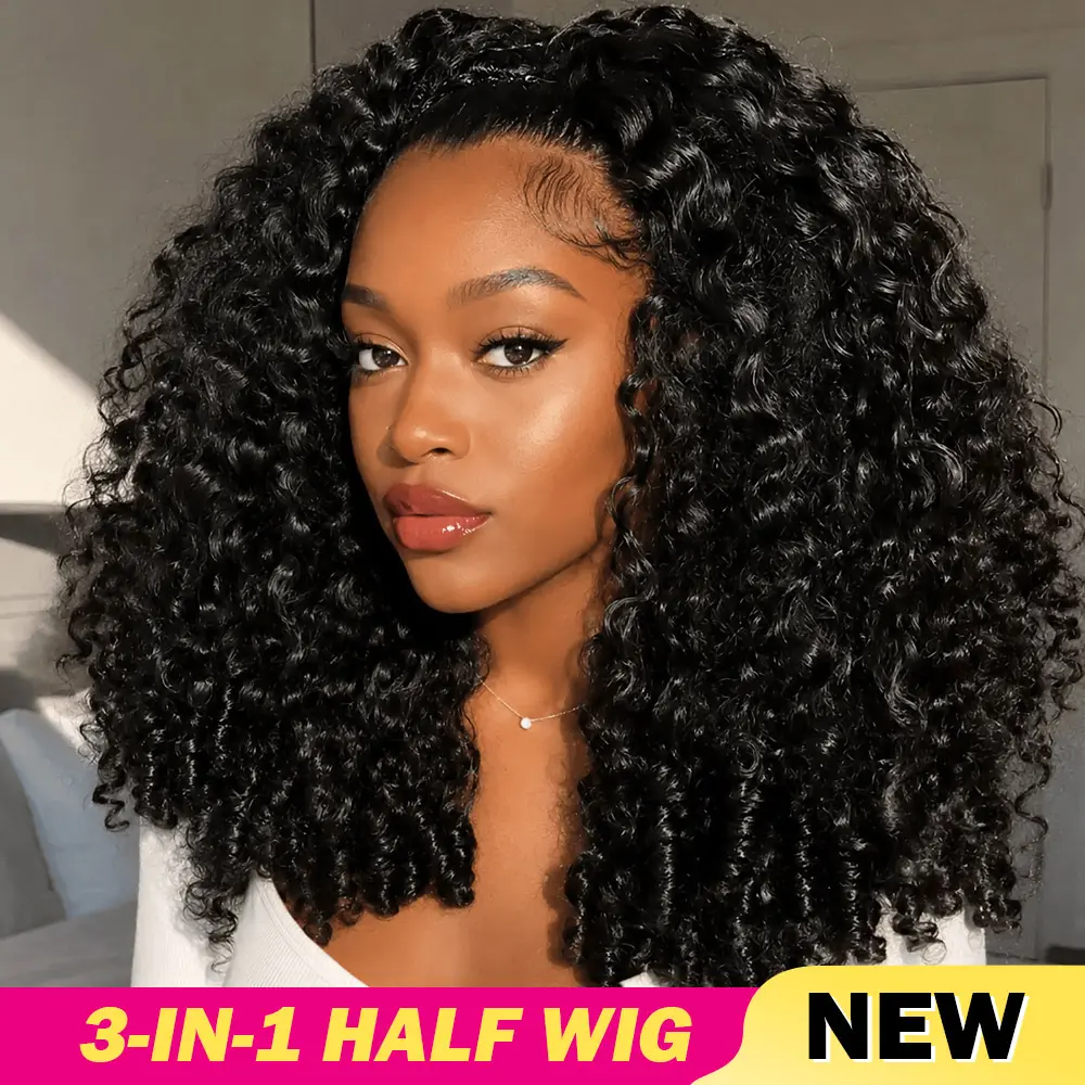 3 In 1 Half Wig 250% Density Burmese Curly Human Hair Glueless Half Wig With Elastic Drawstring Seamless Flip Over Wig Beginner Friendly
