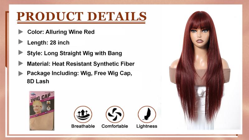 Long Straight Wig With Bangs 28inch Straight Black Wig Synthetic Heat Resistant Fiber Wig for Daily&Party everyday wear Curly Ponytail Extension Clip Tousled Updo Hair Bun Set