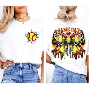 Women's Softball Game Day T-Shirt Double-Sided Print Bow Graphic Tee Oversized Loose Fit Crewneck Short Sleeve Cotton Casual Top for Softball Mom Team Spirit Sports Lover Daily Wear Streetwear Apparel for Women