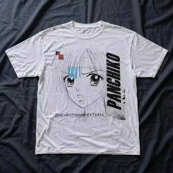 Panchiko Deathmetal Black White Anime Line Art T Shirt Vintage Indie Music Tee Y2K Unisex Short Sleeve Top
