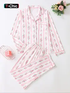 Elegant Floral Pattern Long Sleeve Pajamas Set, Light Button-Up Top and Pants, Casual Fitted Sleepwear, Matching Pyjamas for Spring & Fall