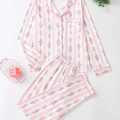 Elegant Floral Pattern Long Sleeve Pajamas Set, Light Button-Up Top and Pants, Casual Fitted Sleepwear, Matching Pyjamas for Spring & Fall, Casual Pajama Sets