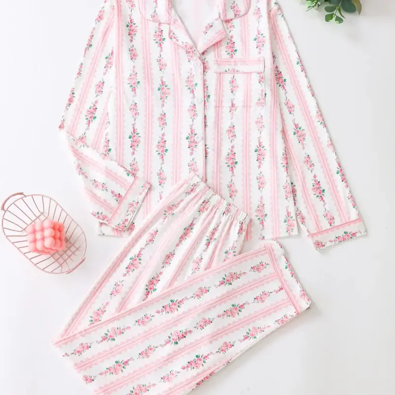 Elegant Floral Pattern Long Sleeve Pajamas Set, Light Button-Up Top and Pants, Casual Fitted Sleepwear, Matching Pyjamas for Spring & Fall, Casual Pajama Sets