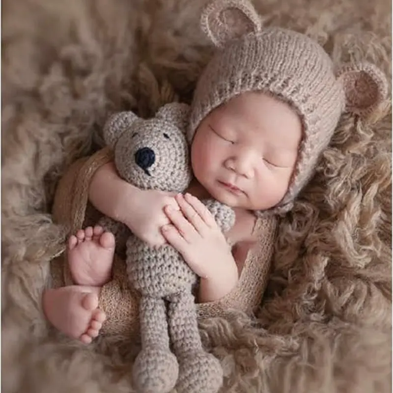 Newborn Photography Props Cute Bear Hat Baby Photoshoots Outfits Photo Posing Crochet Bear Doll Knit Accessories