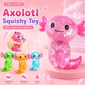 2/4 pcs Axolotl Squishy Squeeze Toy, Cute Glitter Animal Style Soft Stretchy Sensory Fidget Toy for Desk, Home, Office & Travel