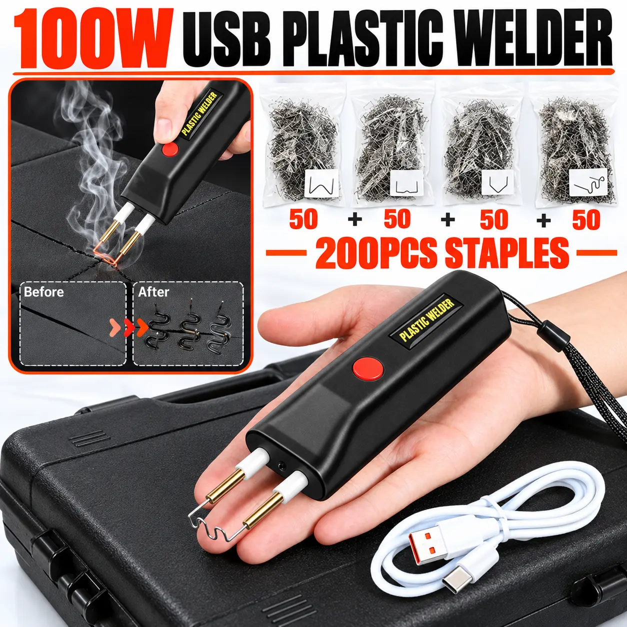 Cordless Plastic Welder, 100W Mini Hot Stapler Plastic Welding Kit with 200 Pcs Stainless Steel Welding Nails, USB Rechargeable Plastic Repair Tool for Car Bumper, Dashboard and Plastic Cracks