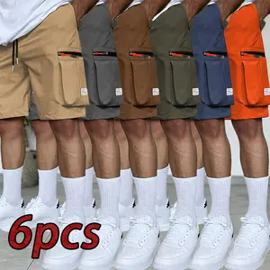 Men’s loose cargo shorts, pack of 6  summer casual plus-size, multi-pocket zip design, trendy brand, mid-length straight cut for outdoor sports, versatile solid color, ideal for everyday commuting, Sports Clothes, Plain