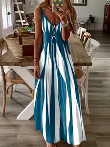 2026 New Elegant Chic V-Neck Long Dress, Striped All over Print, Slimming Summer Dress for Daily Dates and Vacations, Women's Fashion, Casual Wear
