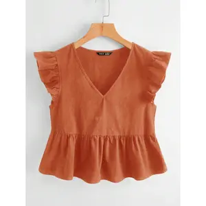 WYWH  Women Vacation Peplum Butterfly Sleeve Hem Black Top