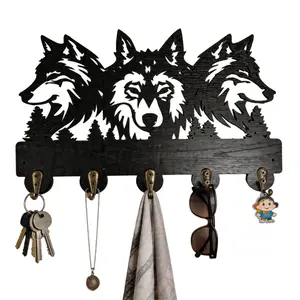 Forest Wolf Pack Wooden Wall Mount Hooks, 5-Hook Decorative Storage Rack, Ideal for Bags, Clothes, Keys, Perfect Gift for Parties, Birthdays, Holidays, Decoration
