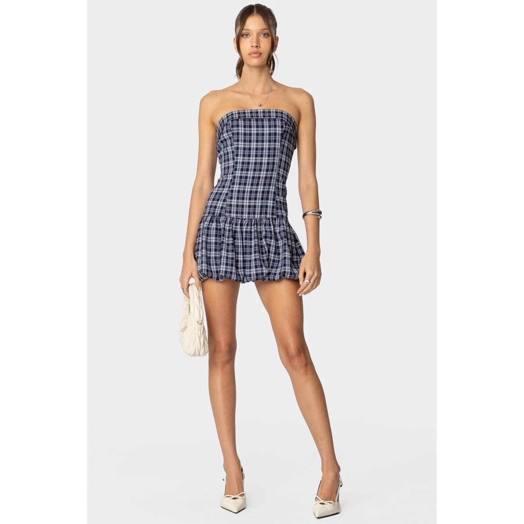 Plaid Strapless Bubble Mini Dress Plaid Strapless Bubble Mini Dress