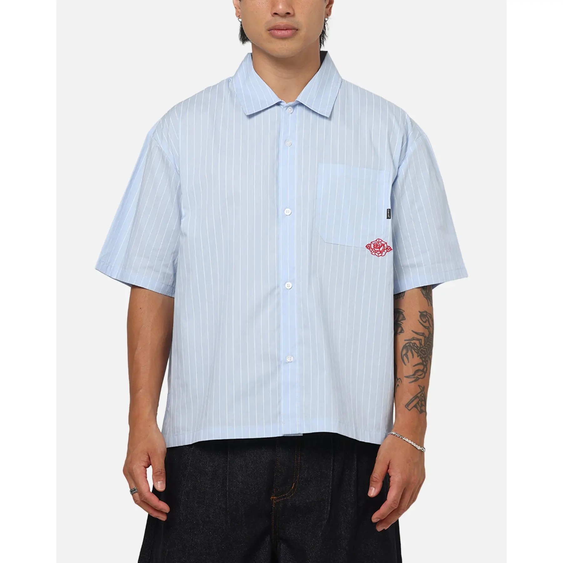 Carre Signature Rose Button Up Shirt Blue Pinstripe