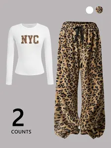 "2-Pack NYC Leopard Graphic Top + Fuzzy Leopard Pants | Black Long-Sleeve Tee + Cozy Wide-Leg Bottoms – 2025 TikTok Viral Y2K Aesthetic! City-Themed Print, Soft Fleece Fabric 🔥 Perfect for #OOTD, #BaddieOutfits, #RetroVibes. Stylish for Brunch, Lazy Nigh