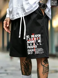 Men's Plus Size Street Style Summer Shorts, Biblical Isaiah Graphic Print, Faith Fashion, Hip Hop Casual Wear, Perfect Gift for Men