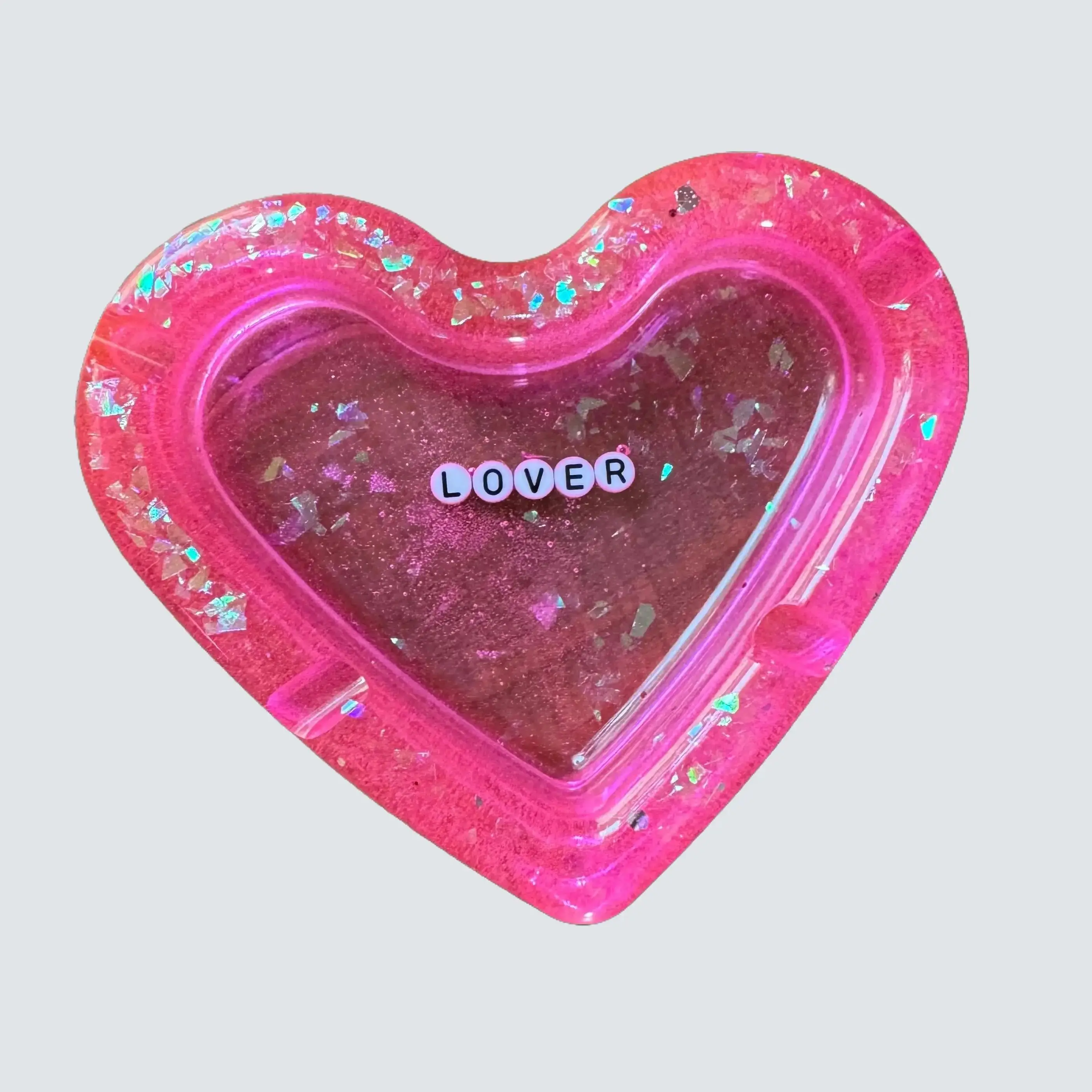 Handmade Resin Heart-Shaped Ashtray in Hot Pink with Iridescent Glitter, 5" x 4", 5.15oz, Perfect Gift for Lovers Lighter
