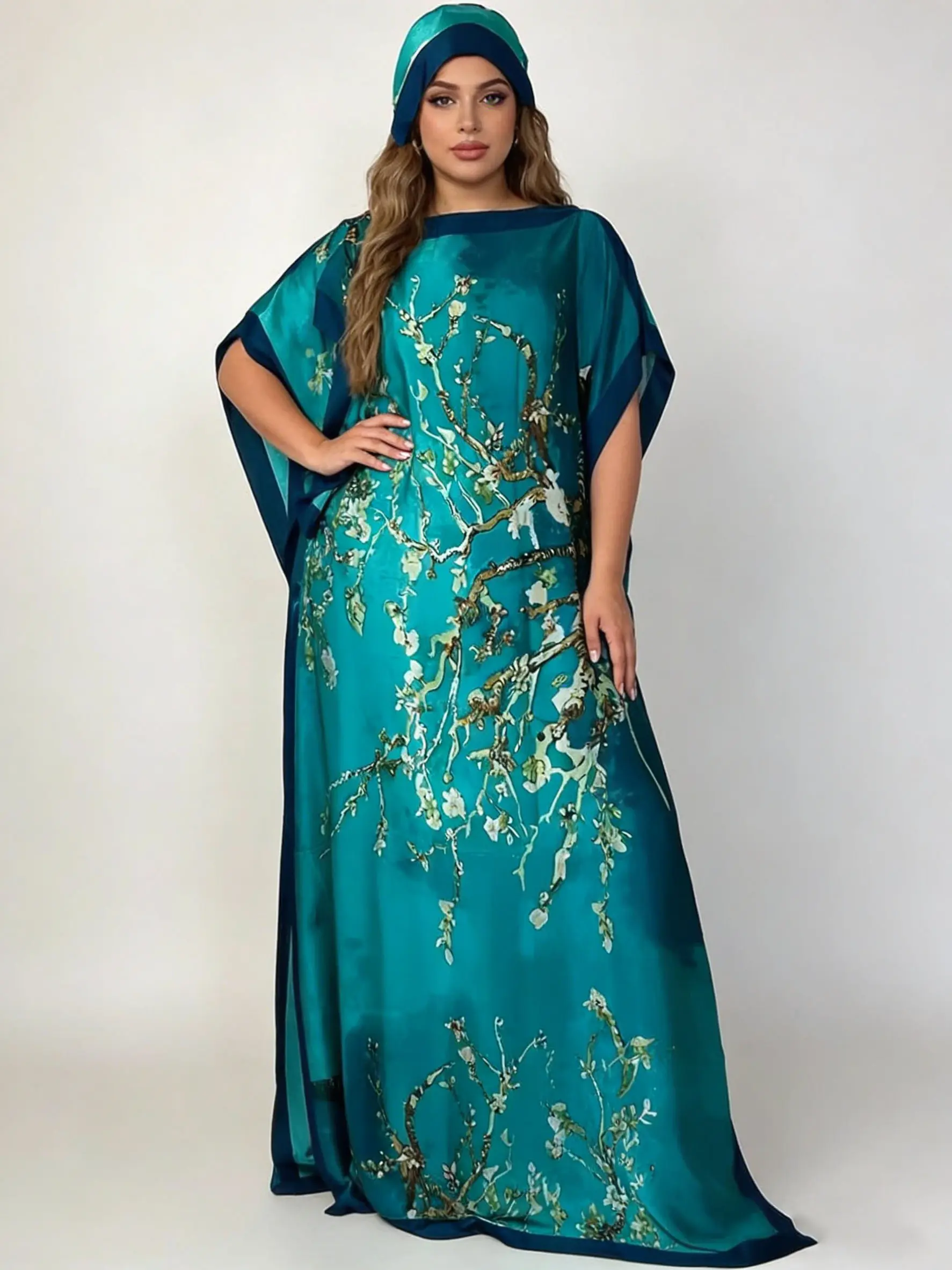 Women's 2 Piece Multicolor Floral Batwing Sleeve Crew Neck Robe + Scarf Set - Casual Classy Fashion, Modest Robe for Relaxed Wear, Lightweight Fabric, Instant Outfit, Dryclean Simple, Beach/Party Use