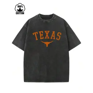 Vintage Texas And Longhorn Print Men's Washed And Distressed Print Round Neck Short Sleeve Casual T-Shirt