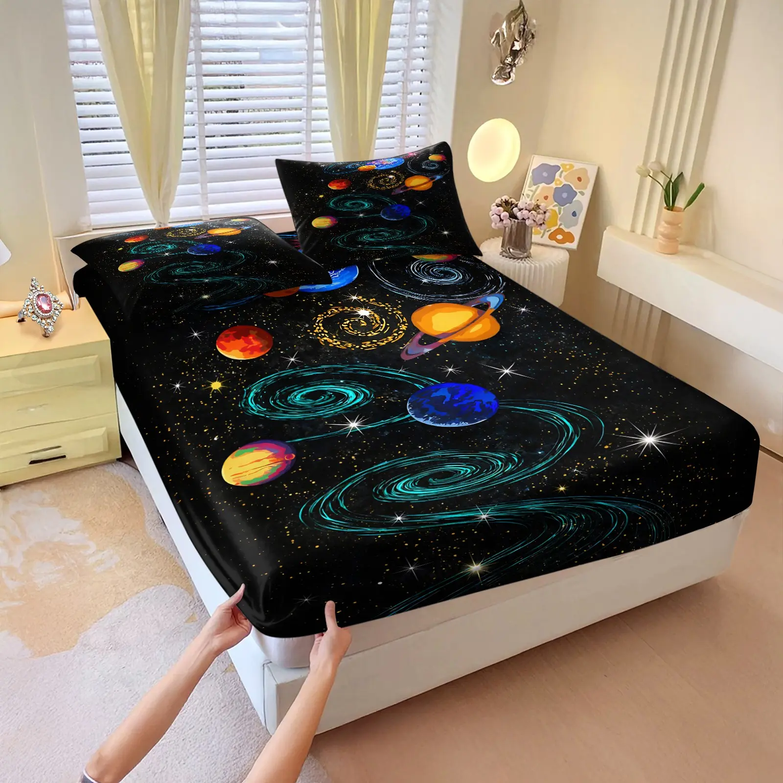 Dreamy Cosmic Elements Printed Fitted Sheet Set, Bed Sheet Sets, Bedding sheets, Includes 1 Fitted Sheet & 2 Pillowcases, Interstellar scene design, Comfortable and soft, bedroom bedding, The perfect gift for the bedroom