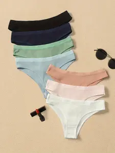 Women's 7pcs Solid Ribbed Drop Waist Knicker, Casual Soft Panty, Soft Comfy Breathable Panties for Daily Wear, Basic Minimalist Womenswear Underwear for All Seasons