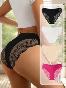 QUASTI 4Packs Mid-Rise Stretch Lace Sexy Women's Briefs, Contrast Lace Womenswear Sexy Breathable Comfort Female Underwear Thongs, 4 Colors S-XXL